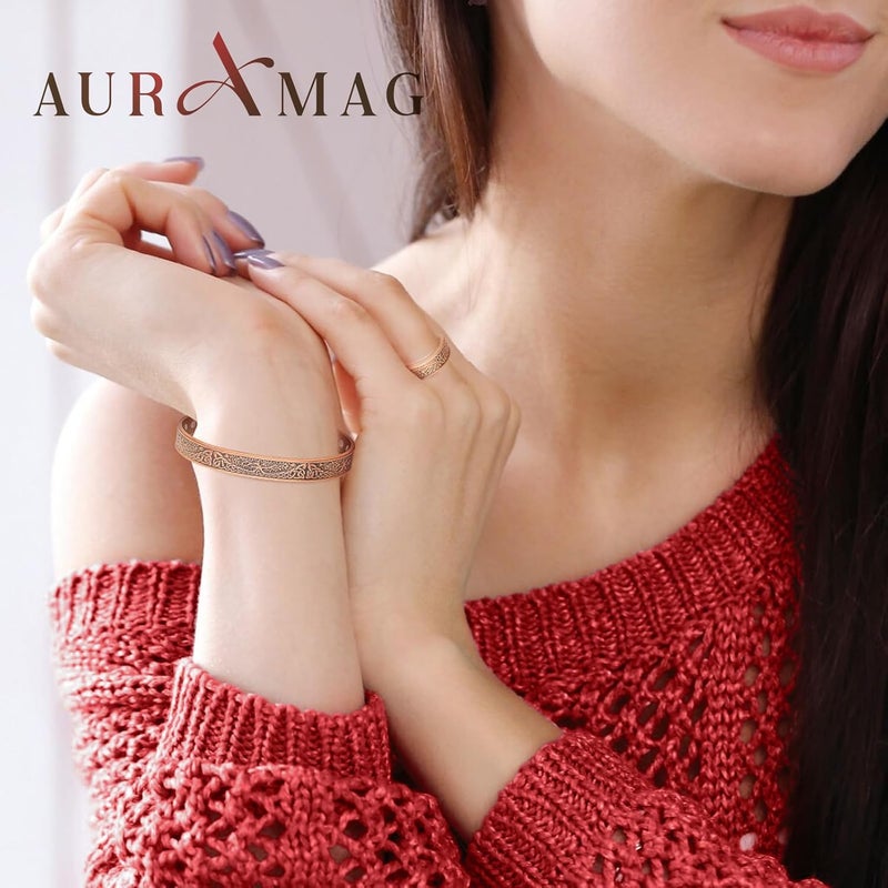 Auramag Copper Bracelets for Women, Lymphatic Drainage Magnetic Bracelets & Magnetic Thumb Ring with 3500 Gauss Magnets, 100% Pure Copper Jewelry Gift - Image 2